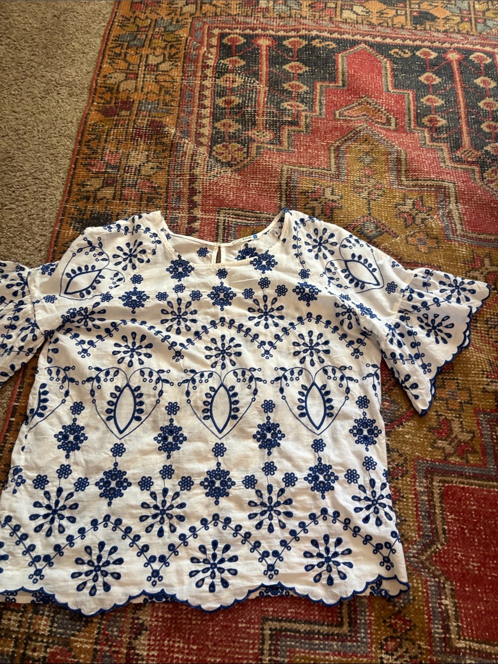 White & Blue Embroidered Cotton Blouse - Women